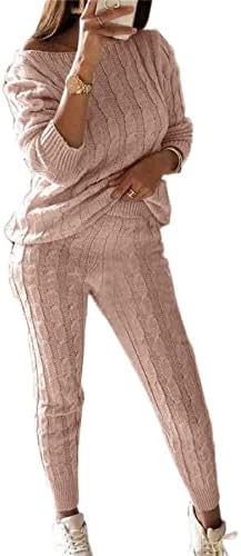 Женски пад ребро-плетено 2 парчиња облека џемпер сет екипаж на вратот на вратот на врвот + долги панталони