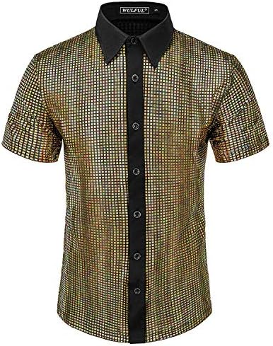 Вулфил мажов диско кошула секвенци за кратки ракави со кратки кошули надолу кошули од 70 -тите години на костуми