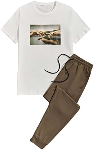 Горглитер машка облека со 2 парчиња графичка буква со кратки ракави маички за џогирање џогерни комплети