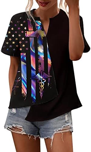 4 -ти јули кошули жени во САД знаме маички Неправилни пом V врат Краток ракав блуза Топ starsвезди шарени патриотски летни маички врвови