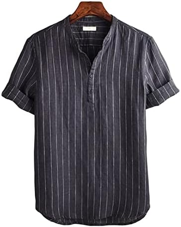 МАЈИФУ-ГЈ Менс памучен постелнина лента со маички Хенли маички V вратот кратки ракави кошули со плажа со лесна јака јога кошула