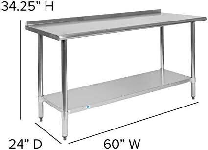 Bizots не'рѓосувачки челик 18 мерач Подготвен и работна табела со 1,5 Backsplash и Undershel - NSF овластен - 60 W x 24 D x 36 H