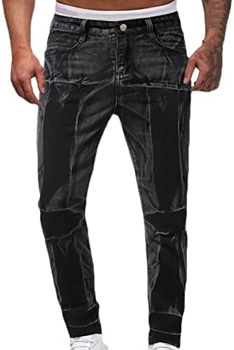 Панталони за валсеил за мажи трендовски визуелно спојување дизајн на коски за печатење, патент нередовен тенок фит тексас фармерки