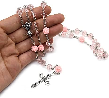 Yqziyou Розарија мониста католички - потврда подароци за тинејџерка, розова кристална смола цветна розарија, монистра, прекрасни подароци