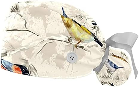 2 парчиња прилагодливо работно капаче со копчиња и вратоврска за ленти за жени долга коса, гроздобер ретро птици цветни