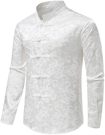 Машки кошули со долги ракави, кинески стил, стојат јаки блузи врвови мода темни змеј печатени кардиган кошула