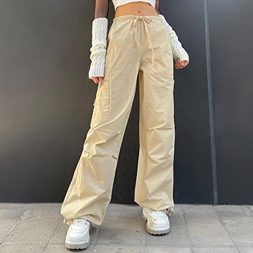 Ndvyxx женски карго панталони со висока половината права нога долги панталони обични мулти џебови тенок вклопување на отворено падобран