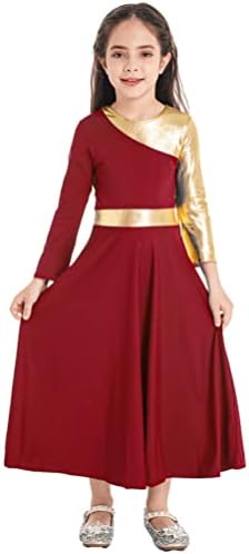 Аислор девојки руфле металик златна боја блок пофалби танц фустан лирски поклон танц туничен фустан долг фустан танцувачка облека