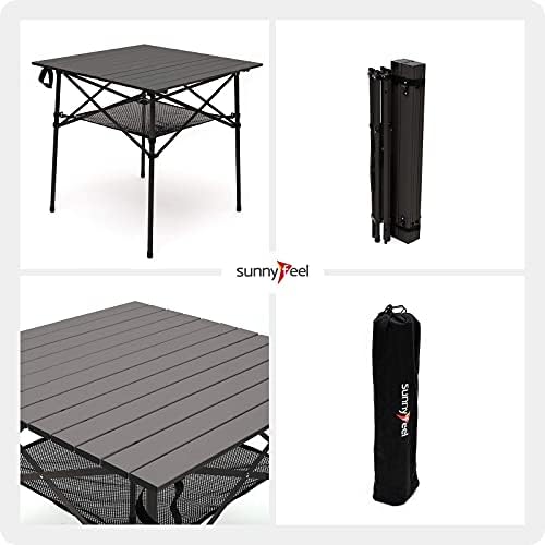Компактна табела за кампување за преклопување на SunnyFeel, преносни алуминиумски пикник маси, превртете го врвот со полица за мрежи,