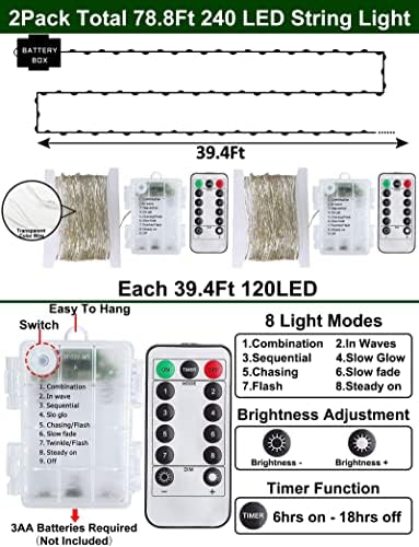 [8 режими и тајмер] Вкупно 240 LED 80 ft 2 PACK FAILLY String Lights Decorations Далечински водоотпорен батерија управувана од бакарна жица
