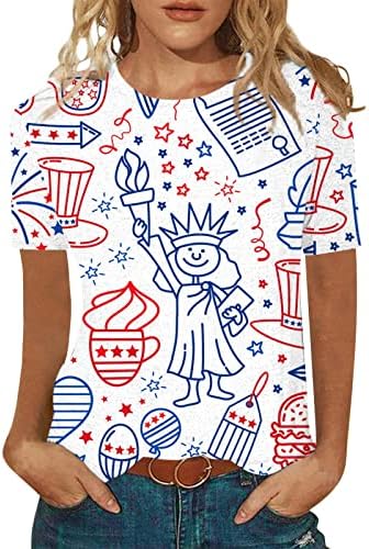 Летни врвови за жени кратки ракави САД Ден на независност Печатени врвни лежерни кошула со блуза од вратот модни маички