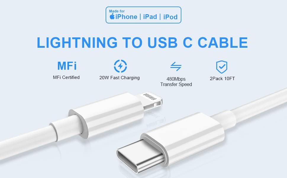 2 пакувајте USB C до молња кабел, 10 ft MFI овластен дополнителен кабел за полнач за iPhone, 10 нозе USB тип Ц до молња брз кабел