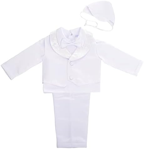 Фустани Дејзи бебешки момчиња крштева облека за новороденчиња Крштевање облека 4 парчиња сатен бел елек костум поставен со хауба