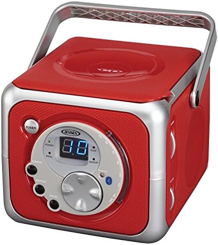 Jensen CD-555RS Red Bluetooth Boombox Преносен Bluetooth Music System со CD плеер +CD-R/RW & FM радио со AUX-In & HEADPHONES jackек