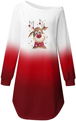 Ружијог Среќен Божиќен Фустан За Жени Секојдневен Пуловер Со Долги Ракави Дуксер Фустани Во Боја Блок Мини Фустан