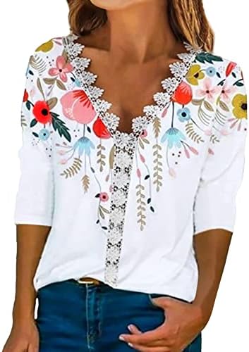 Женски цветни печати мода против чипка на вратот, секси исечена маичка со долги ракави, врвни женски врвови, блуза за кошула