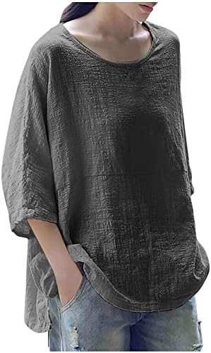 Плус големина на врвови за жени обични маици од 3/4 ракави удобни блузи од вратот летни цврсти модни лабави кошули