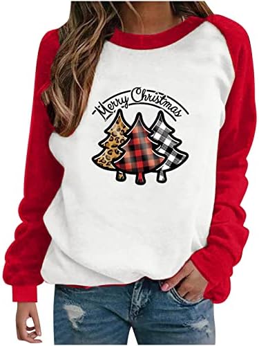 Среќна Божиќна маичка за жени Графичка елка графичка лежерна долга ракав лесен Божиќ со кошула врвот на врвот на врвот