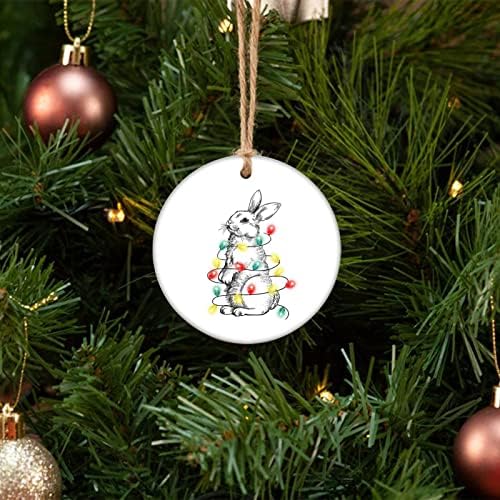 Божиќен украс за зајаци, животни керамички Божиќни украси од дрво 3 инчи, среќен празници украс, подарок за чување на фенери за семејни