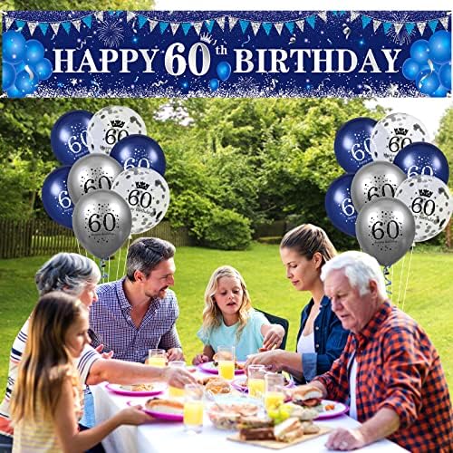 Сина 60-Ти Роденден Украси За Мажи Жени, Темносина Сребрена Среќен 60-Ти Роденден Двор Банер, Сина 60-Ти Роденден Балони за 60-годишнината Роденден