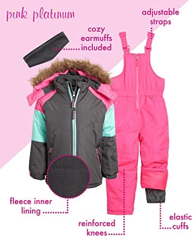 Сноуит за девојчиња од розова платина - зимска јакна отпорна на вода и комбинезони за скијачки биб