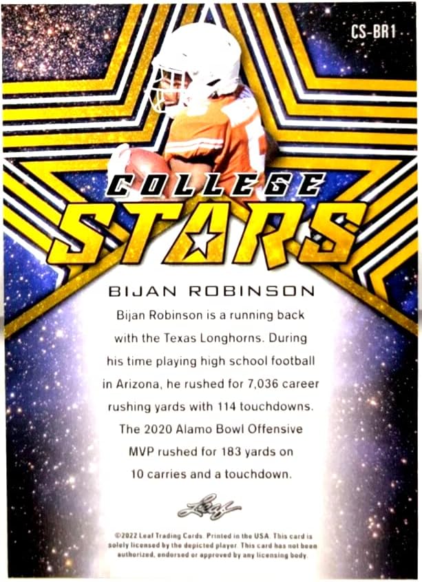 Bijan Robinson 2022 Leaf Collef Stars Exclusive Redemption Rekie Card! Ретко!