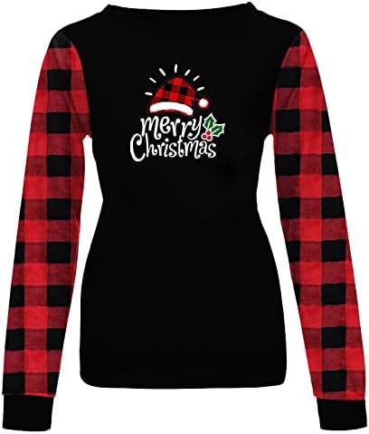 Среќни божиќни џемпери за жени карирани маица маица маица биволи карирани долги ракави екипаж есен пулвер блуза