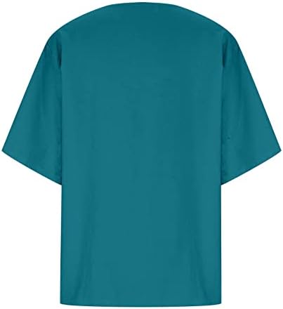 Women'sенски врвови памучни постелнини со кратки ракави маички лето цврсто копче надолу по е -екипаж, чиста тунична блуза плус големина