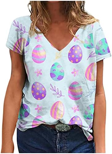 Блуза екипа за кратки ракави со кратки ракави длабоко против вратот памук цветни графички каваи животински зајаче носии маица 2x