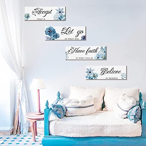 Oyојхавк 4 парчиња сина цветна wallидна декор за спална соба, прифати-остави вера-вера, дрвени инспиративни wallидни уметнички украси за дневна
