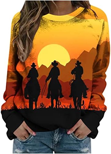 Женски кошули со долг ракав коњ печати екипаж на вратот џемпери, девојки тинејџери новини каубојски џемпери со долги ракави