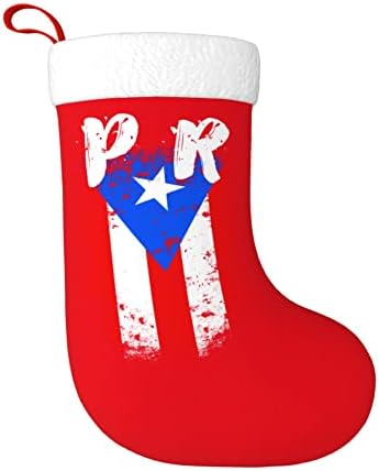 QG ZZX Божиќни чорапи со бела супер мека плишана манжетна Порто Рико ПР знаме Божиќни чорапи Божиќни украси порибување