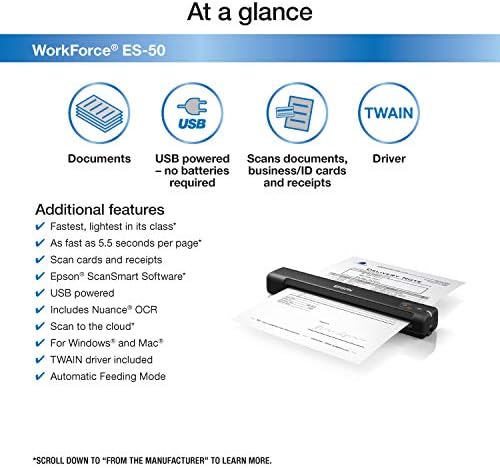 Скенер за преносни документи за работна сила EPSON ES-200 со ADF за компјутер и Mac, скенирање на листови и дуплекс и работна