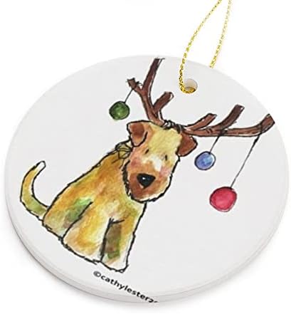 SDFGSE Wheaten Terrier со Божиќни манжери тркалезни керамички украси дрво виси украси со лента со ленти со ленти DIY персонализирани