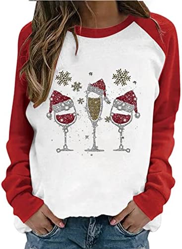 Womenените обични долги ракави пулвер џемпер класичен моден божиќно вино стакло графичко печатење кошули подароци врвови