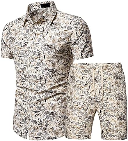 Апартмани Менс лето и печатени сетови кошули со ракави 2 парчиња машки панталони за плажа кратки шорцеви
