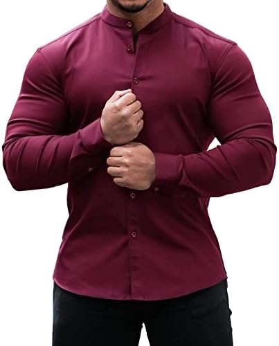 Машки мускули вклопуваат кошули без долги ракави на брчки, лежејќи го кошулата, модна цврста штанд јака vneck блуза врвот