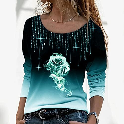 Kcjgikpok omeенски мода 3D роза печати долги ракави кошули случајни тркалезни џемпери графички маички графички маички лабави блузи