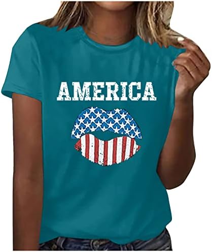 Moirенска маица со тркалезна врата Американско знаме за печатење на усни со модерни опремени 2023 летни маички со кратки ракави графички маички