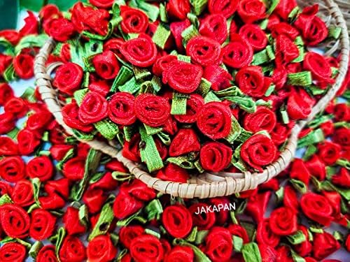 Jakapan мини панделка роза цветна глава вештачка ткаенина мали цвеќиња панделки со зелени лисја за faux цветни украси за шиење