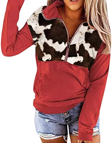 Zdfer Quarter Zip Pullover Women, џемпери за печатење кравјо печатење со долги ракави јакна на врвови со лебава облека за лабава палто