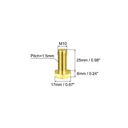 uxcell Месинг Хексадецимални Завртки, m10x25mm 3pcs Целосно Конец Одделение 4.8 Цврст Месинг Шестоаголна Глава Завртки Машина Завртки