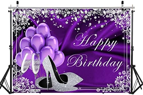 LYCGS 7x5ft Виолетова И Сребрена Среќен Роденден Позадина Високи Потпетици Шампањ Дијамант Балони Женски Роденден Декорација
