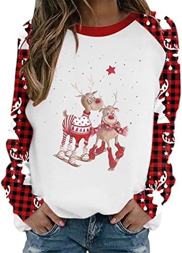 Божиќни кошули за жени, Божиќни печати со долги ракави, џемпери на долги ракави, обични карирани екипаж, вратот на вратот, маички врвови