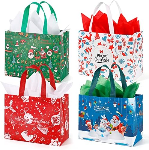 Големи Божиќни Торби За Подароци Со Ткивна Хартија, 12 Пакети Божиќни Торби За Подароци За Повеќекратна Употреба Со Рачка За Божиќна Торба