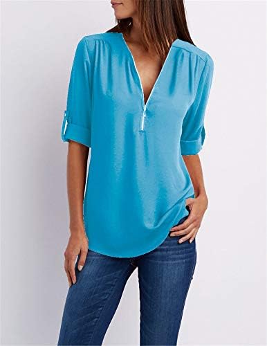 Angенскинвел женски v-врат-врат маица маица лабава врвна блуза Повлечете ракав лабава шифонска кошула со патент