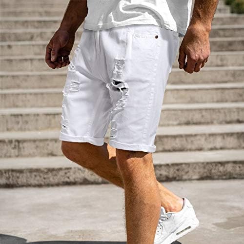 Бели шорцеви мажи и искинаа уништени машки 5 -инчни шорцеви класични вклопуваат лесни мажи летни шорцеви