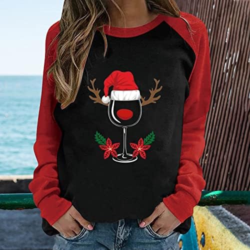Божиќна џемпер за жени вино стакло графички графички екипа со долги ракави на вратот на вратот на врвовите на маицата лабава Божиќ блуза