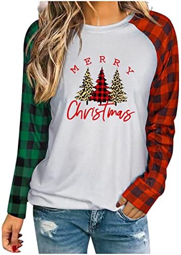 Среќен Божиќен Пуловер Врв За Жени Карирана Крпеница Кошули За Печатење На Новогодишна Елка Со Долги Ракави Лабава Секојдневна Блуза