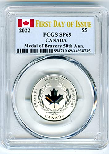 2022 CA Кралска канадска нане Канада Медал за храброст Сребрена Прв ден на издавање 5 $ PCGS SP69